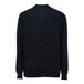 A navy jersey knit cardigan with buttons.