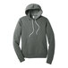 A grey hoodie with white strings.
