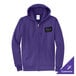 A purple full-zip hoodie sweatshirt with a small chest logo and front pockets.