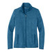A Port Authority medium blue heather fleece sweater jacket for women with a zipper.
