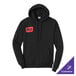 A black unisex pullover hoodie sweatshirt with a small red patch on the chest and a front pocket.