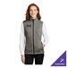 A women's large gray heather fleece sweater vest with a customizable logo on the chest.