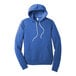 A blue Bella Canvas pullover hoodie with white strings.