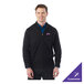 A unisex black full-zip sweater jacket made from an acrylic and nylon blend, shown with a customizable logo on the chest.