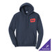 A navy blue unisex pullover hoodie sweatshirt with a front pocket and a small red patch on the chest, available in large size.