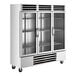 A large commercial glass door reach-in freezer with three sections and stainless steel exterior.
