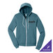 A heather deep teal unisex full-zip hoodie sweatshirt with a front logo and white drawstrings.