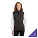 A women's black heather fleece sweater vest with a front zipper, shown in extra large size.