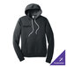 A dark gray heather unisex pullover hoodie sweatshirt with a front pocket and white drawstrings, featuring a small logo on the left chest and a customizable option.
