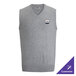 A gray heather unisex acrylic jersey knit vest with a V-neck and a small embroidered logo on the chest.