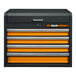 A white and black Gearwrench tool chest with orange accents and four drawers.