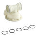 A white plastic pipe with a metal fitting and black rubber rings.