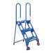 A blue Vestil steel 3-step ladder with red wheels.