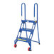 A blue Vestil 3-step ladder with wheels.