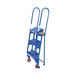 A blue steel folding ladder with wheels.