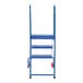 A blue steel Vestil 3-step folding ladder with wheels.