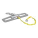 A grey metal hook plate with a yellow strap.