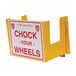 A yellow steel wall-mounted wheel chock holder with red text.