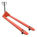 A red and black Vestil Steel hydraulic pallet truck with black handle and two wheels.