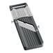 A black and grey Emperor's Select plastic mandoline with a close-up of the 3 blades.