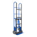A blue and black metal Vestil appliance hand truck with 8" wheels.