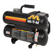 A black Mi-T-M air compressor with two cylinders and a red handle.