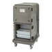 A charcoal gray Cambro Pro Cart Ultra with two passive compartments open to reveal plastic containers inside.