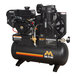 A black Mi-T-M stationary gas-powered air compressor with two engines.