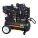 A black Mi-T-M portable gas-powered air compressor with wheels.