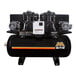 A black and orange Mi-T-M air compressor with two motors.