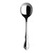 A close-up of a Folio Fleur stainless steel round bowl soup spoon with extra height and weight.