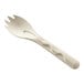 A white compostable fiber spork with a spiky handle.