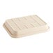 A white rectangular World Centric compostable fiber catering pan lid with a rectangular pattern.