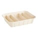 A white fiber catering pan with dividers separating it into four compartments.