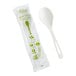 A package of World Centric compostable TPLA soup spoons with a white spoon in front.