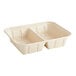 A World Centric white compostable fiber catering pan with two compartments.