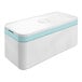A white rectangular container with a blue stripe and a lid with the words "Outset Icebox" in blue.