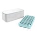 A white rectangular ice mold with a blue lid.