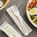 A World Centric compostable wrapped TPLA fork and napkin next to a salad.