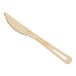 A compostable bamboo knife with a serrated edge and a cutout handle.