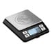 A silver digital coffee scale with a rhinoceros logo on the screen.