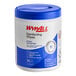 A white container with blue and white labeling and a blue lid of WypAll disinfecting wipes.