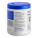 A white container with a blue lid and white label of WypAll CriticalClean disinfecting wipes.