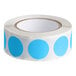 A roll of sky blue round labels with white paper and semi-gloss finish.