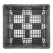 A black and white photo of an Orbis collapsible container with a square metal grid.