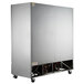 A large stainless steel Beverage-Air reach-in freezer with wheels.