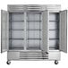 A Beverage-Air stainless steel reach-in freezer with three solid doors.