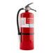 A red First Alert heavy-duty commercial fire extinguisher with a hose.