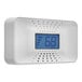 A white rectangular First Alarm carbon monoxide alarm with a blue digital display showing numbers.