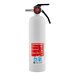 A close-up of a white First Alert fire extinguisher with red and white label.
